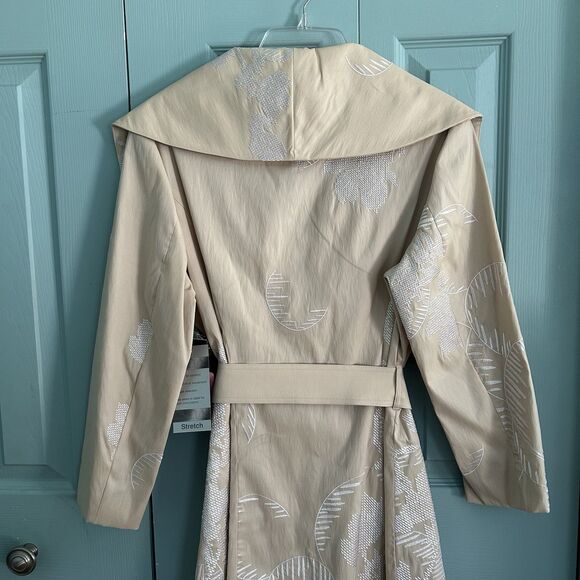 Vtg Y2K Samuel Dong Women's Trench Coat Medium Belted Embroidered Champagne - Picture 10 of 16